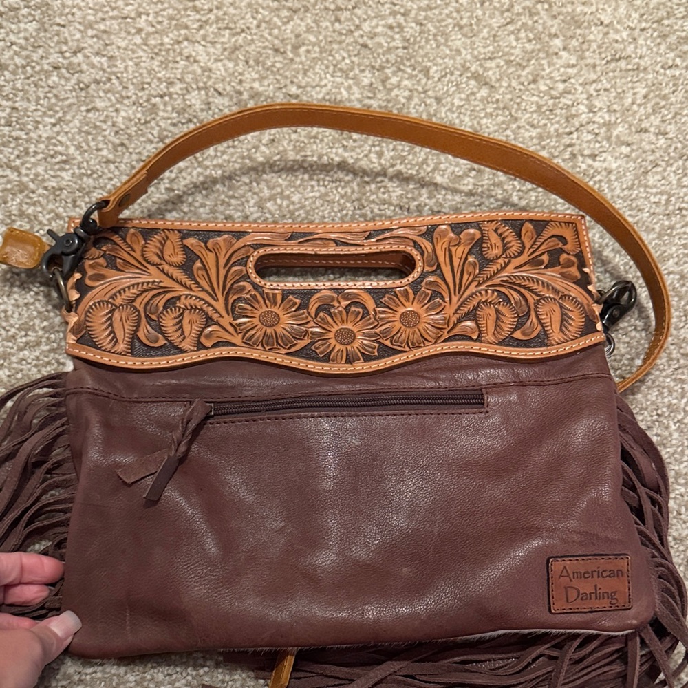 American Darling Tan and Cream Crossbody Bag with Fringe - Picture 10 of 10